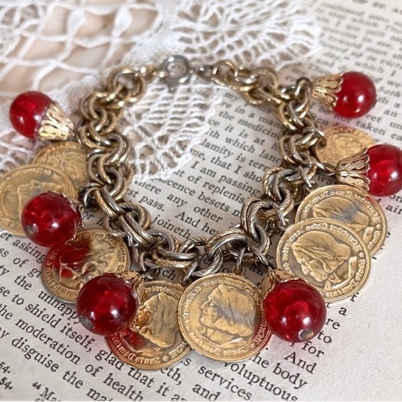 Vintage Gold Plated Coin Charms Red Glass Beaded Bracelet Woman’s Jewelry - Picture 5 of 8